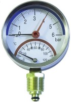 Nyomásmérő óra hőmérséklet mérővel 4 bar, DN 63, 1/2" BSP, karima nélkül, vertikális csatlakozással