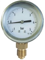 Vákuum és nyomásmérő óra -1 - +5 bar, DN 63, 1/4" BSP, glicerines csillapítással, karima nélkül, vertikális csatlakozással