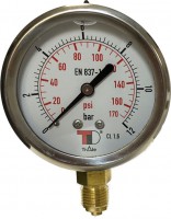 Nyomásmérő óra 12 bar, acél, DN 63, 1/4" BSP, glicerines csillapítással, vertikális csatlakozással