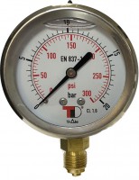 Nyomásmérő óra 20 bar, acél, DN 63, 1/4" BSP, glicerines csillapítással, vertikális csatlakozással