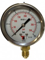 Nyomásmérő óra 25 bar, acél, DN 63, 1/4" BSP, glicerines csillapítással, vertikális csatlakozással
