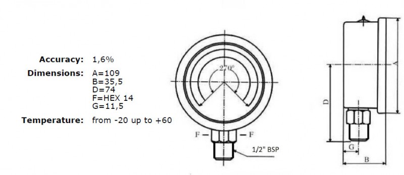 Nyomásmérő óra 16 bar, acél, DN 100, 1/2 BSP, glicerines csillapítással, vertikális csatlakozással méretrajz