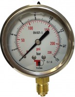 Nyomásmérő óra 16 bar, acél, DN 63, 1/4" BSP, glicerines csillapítással, vertikális csatlakozással